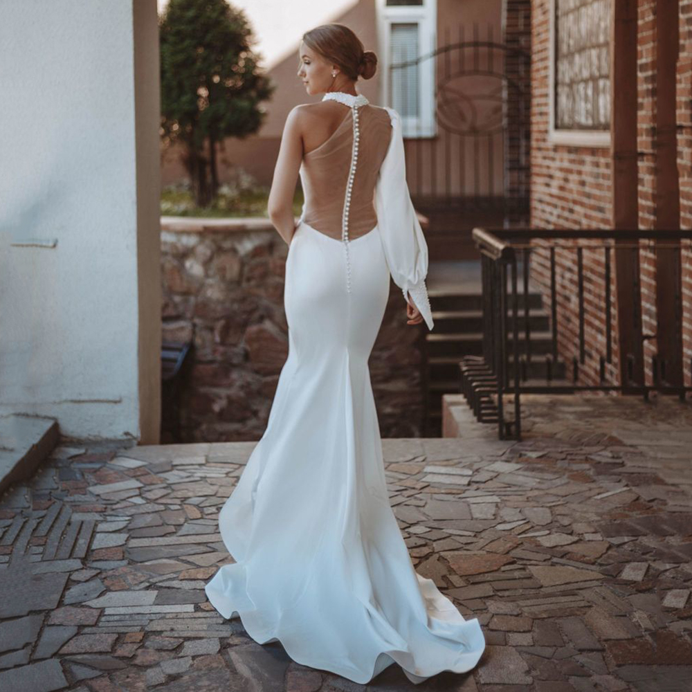 Elegant Mermaid Wedding Dress 2023 O-Neck One Shoulder Puff Sleeve Backless Satin Bridal Gown Custom Made Vestidos de Novia