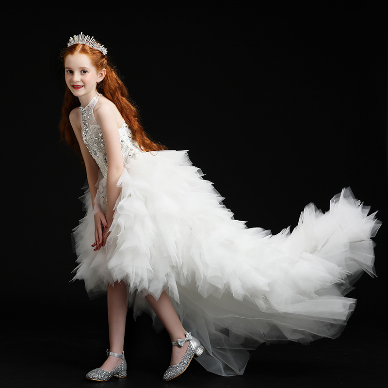 2023 Wer Dresses White Beautiful Lace High Low Tulle Crystal Appliques First Communion Dress Girls Pageant Gown Custom Made Tutu Birthday Clothes 0228