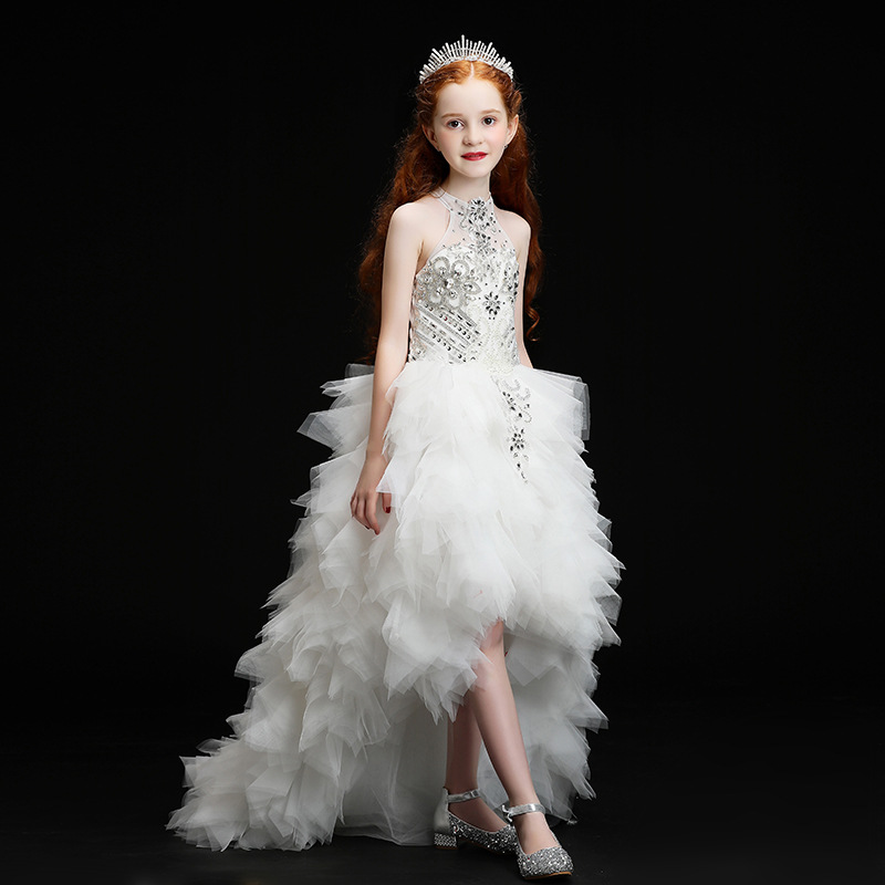 2023 Wer Dresses White Beautiful Lace High Low Tulle Crystal Appliques First Communion Dress Girls Pageant Gown Custom Made Tutu Birthday Clothes 0228