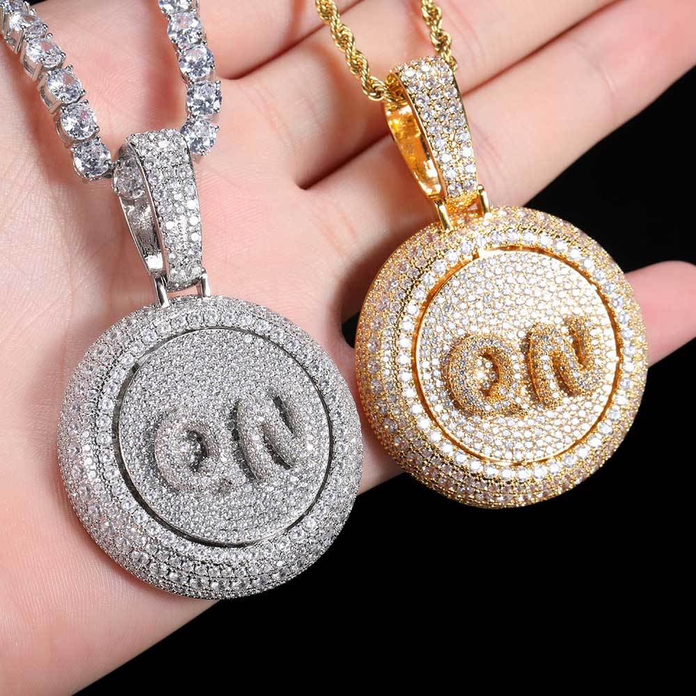TopBling Hip Hop A-Z Custom Letters Pendant Necklace Rotatable Simulated Diamond Real Gold Plated Jewelry