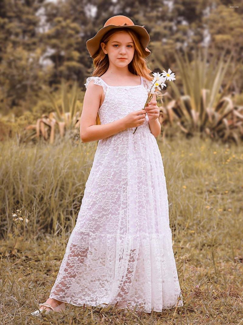 Girl Dresses Graceful White Lace Ankle Length Flower Square Collar Bow Sleeveless Children Prom Dress, Ivory
Girl Dresses Graceful White Lace Ankle Length Flower Square Collar Bow Sleeveless Children Prom Dress, Ivory