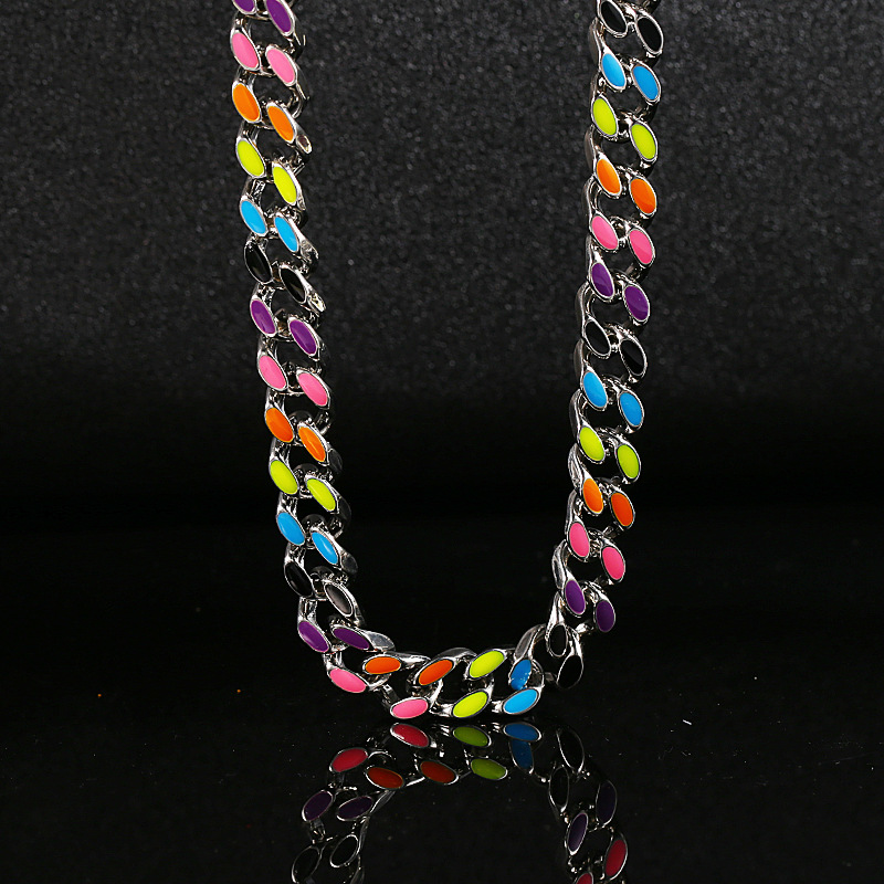 Hip Hop Real Gold Silver Plated Cuban Chain Necklaces Bracelet Jewelry Set for Men Drip Oil Colorful Collar Choker Bracelets Chains Top Quality Man Je