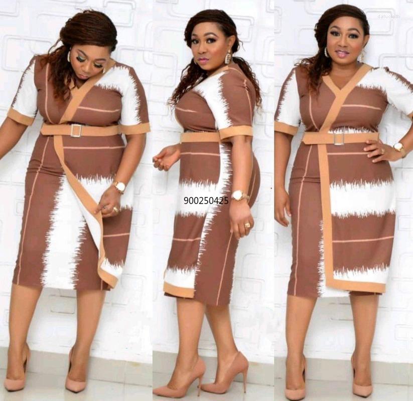 Ethnic Clothing 2022 Autumn African Women V-neck Short Sleeve Plus Size Knee-length Dress Dresses For