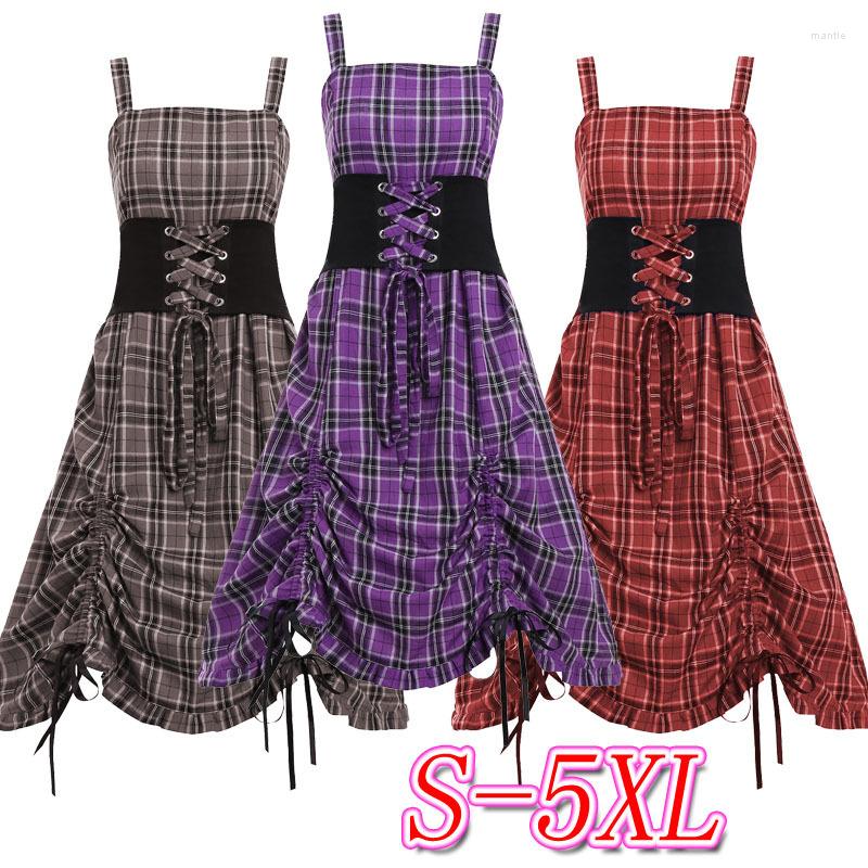 Casual Dresses Streetwear Irregular Hem Punk Gothic 5XL Retro Plaid Lolita Dress Medieval Vintage Lace Up Waist Midi Jurk Party, Khaki 
Casual Dresses Streetwear Irregular Hem Punk Gothic 5XL Retro Plaid Lolita Dress Medieval Vintage Lace Up Waist Midi Jurk Party, Khaki