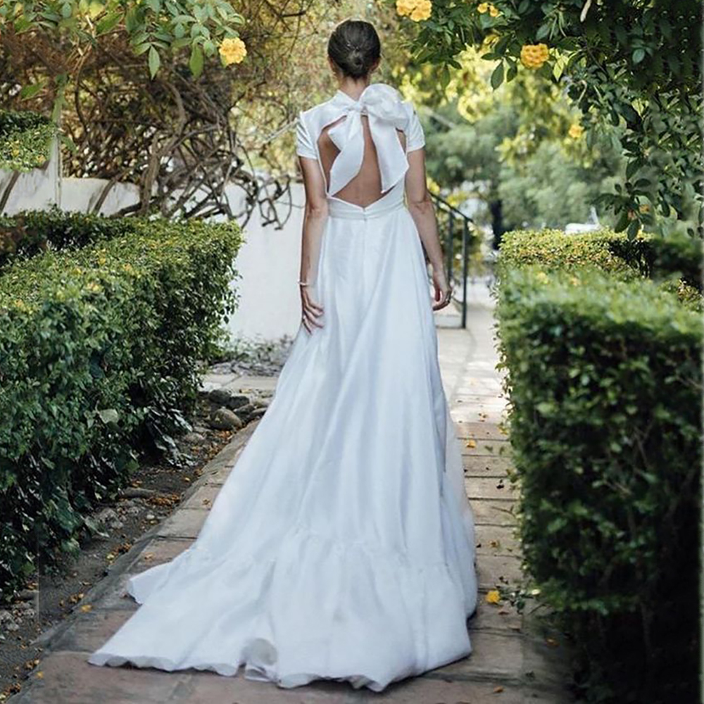 Custom Made Front Split A Line Wedding Dresses Short Sleeves Bridal Gown Open Back Satin Victoria Style Mariage 0516