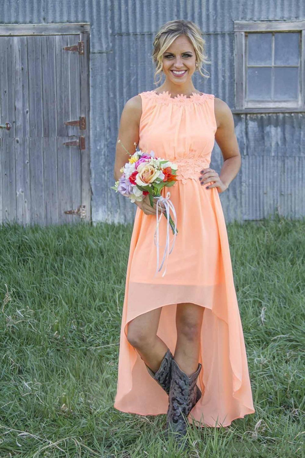 Country Bridesmaid Dresses Bateau Backless High Low Chiffon Coral Mint Green Beach Maid Of Honor Dress For Wedding Party Prom