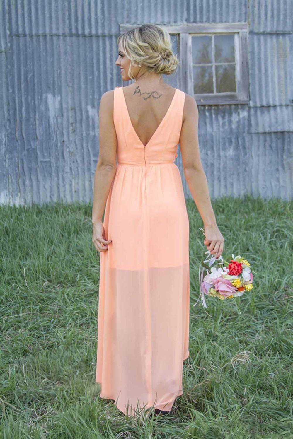 Country Bridesmaid Dresses Bateau Backless High Low Chiffon Coral Mint Green Beach Maid Of Honor Dress For Wedding Party Prom
