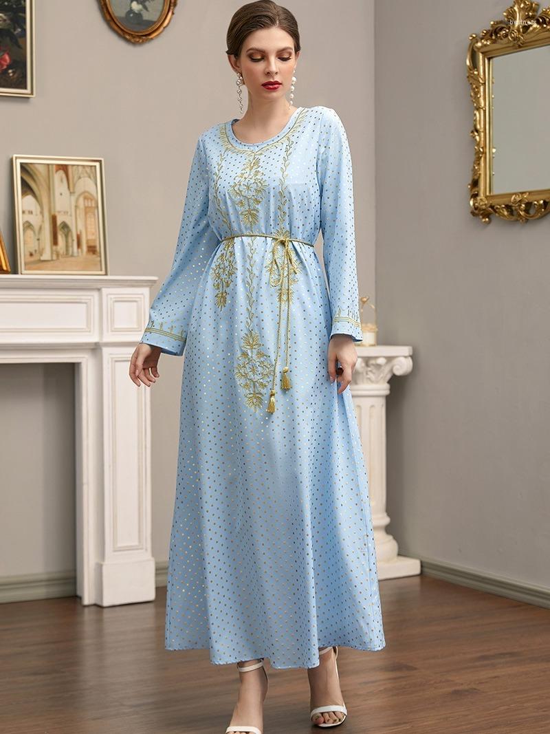 Casual Dresses Embroidery Long Dress High Waist Crew Neck Belt Bronzing Dot Print Ethnic Korean Style Pullover Clothes Female Eid 2022, Blue dress
Casual Dresses Embroidery Long Dress High Waist Crew Neck Belt Bronzing Dot Print Ethnic Korean Style Pullover Clothes Female Eid 2022, Blue dress