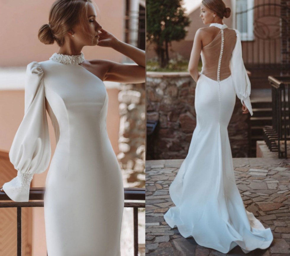 Elegant Mermaid Wedding Dress 2023 O-Neck One Shoulder Puff Sleeve Backless Satin Bridal Gown Custom Made Vestidos de Novia
