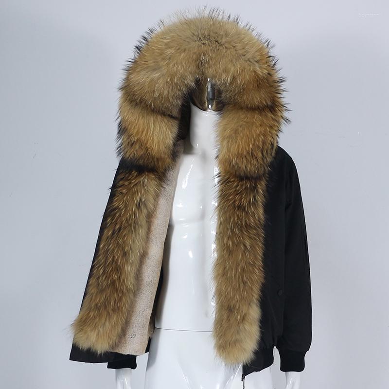 Men's Down 2022 Men Bomber Parka Waterproof Winter Jacket Natural Real Raccoon Fur Coat Collar Hooded Thick Warm Streetwear Fashion, Green grey