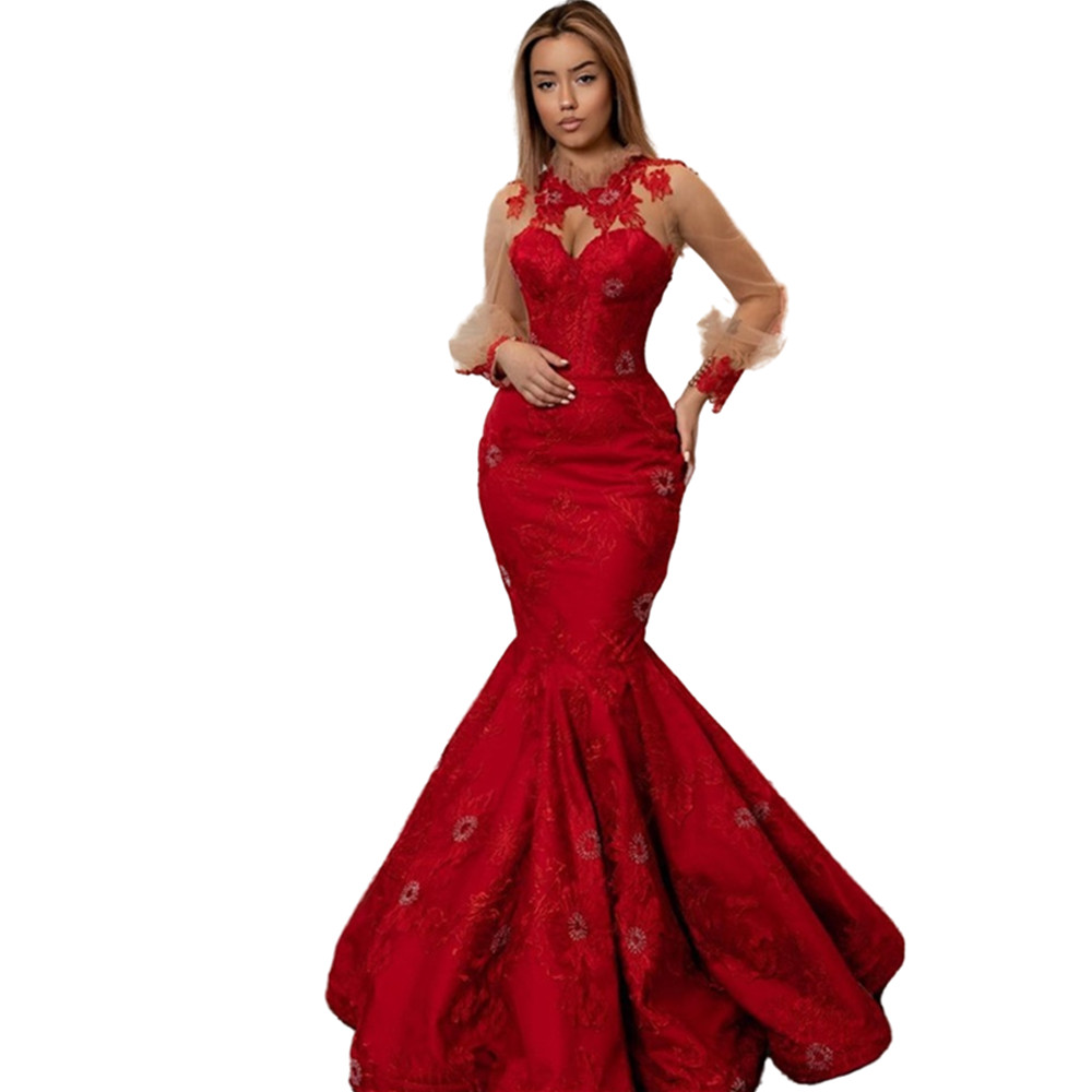 Red Long Sleeves Mermaid Evening Dresses 2023 High Neck Sexy Women Formal Party Gown Lace Appliqued Beaded Robe De Soiree Elegant Satin Vestidos Prom 