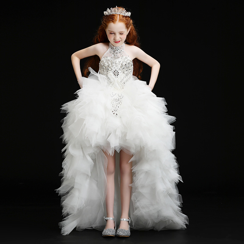 2023 Wer Dresses White Beautiful Lace High Low Tulle Crystal Appliques First Communion Dress Girls Pageant Gown Custom Made Tutu Birthday Clothes 0228