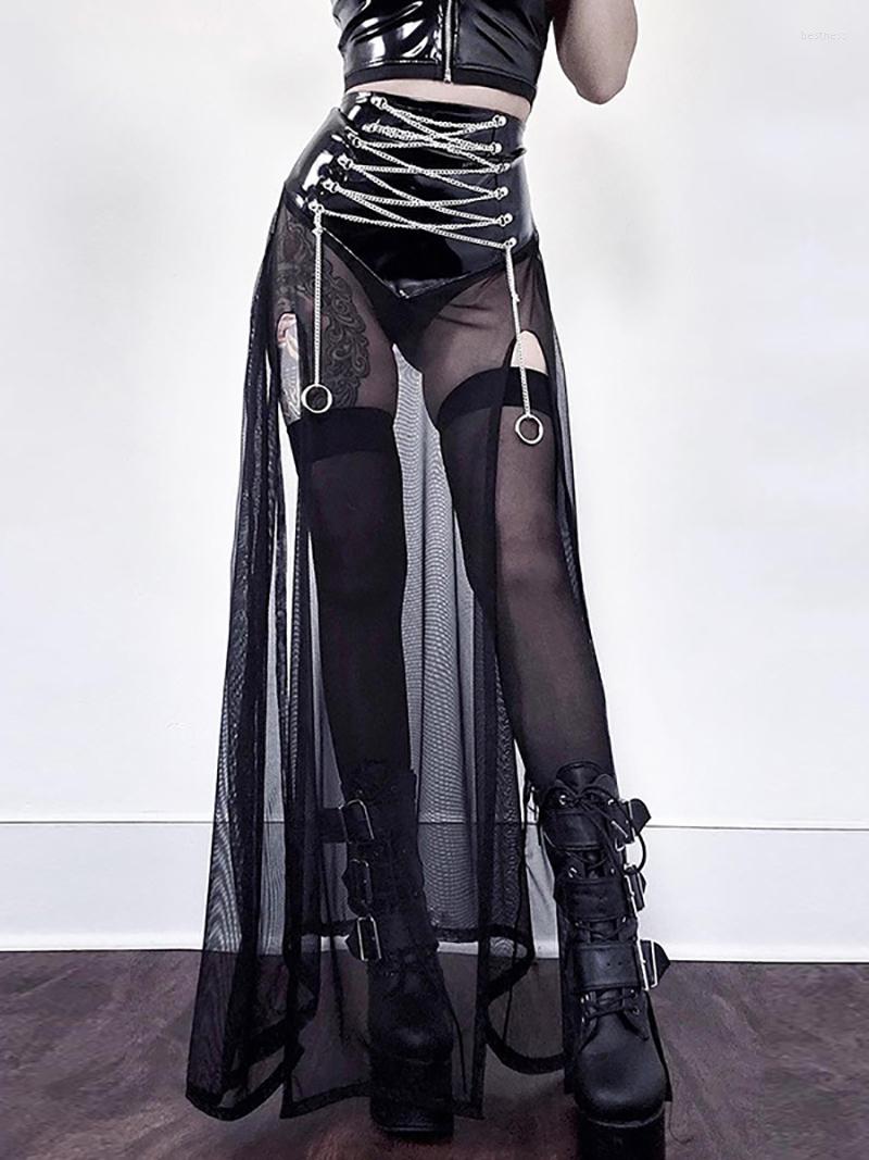 Skirts Women Fashion Mesh See Through Wetlook Leather Patchwork Criss-Cross Metal Chain Slit Moto Gothic Party Nightclub Clothes, Black
Skirts Women Fashion Mesh See Through Wetlook Leather Patchwork Criss-Cross Metal Chain Slit Moto Gothic Party Nightclub Clothes, Black