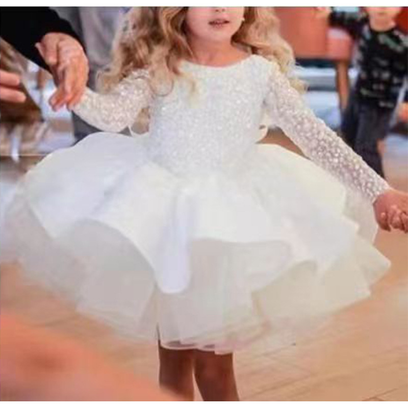 Arabic Wer Girl Dresses White Beaded Veet Ball Gown Golden Applique Organza Kids Formal Wear With Ribbon Back Christmas Tutu Dress 403 6660311