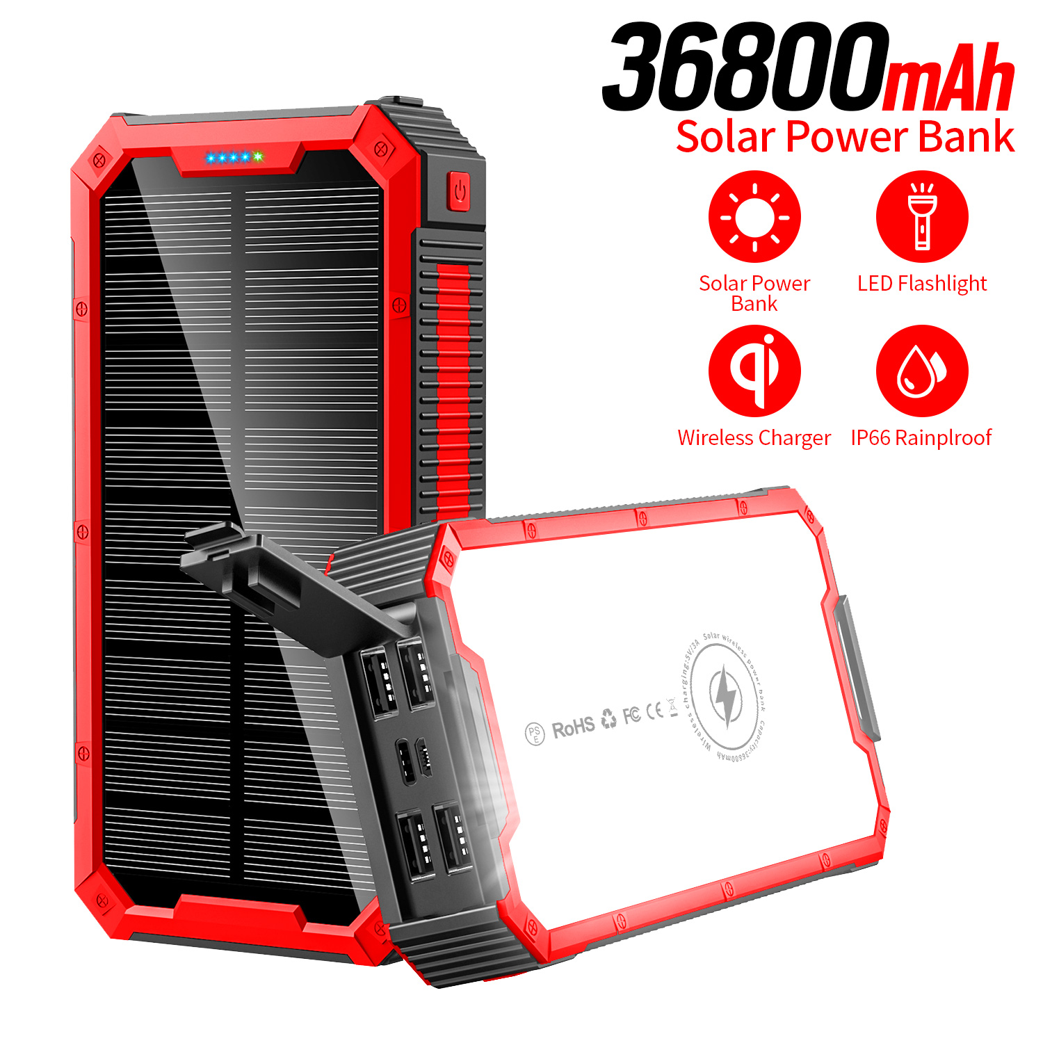 Solar Power Bank Wireless Charger 36800mAh Waterproof MINI panels Portable with USB micro type-C fast Charging LED Flashlight easy carry for Cell Phone outdoors
Solar Power Bank Wireless Charger 36800mAh Waterproof MINI panels Portable with USB micro type-C fast Charging LED Flashlight easy carry for Cell Phone outdoors
