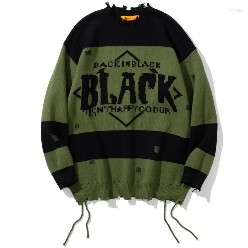 Men's Sweaters Men's Men Knitting Sweater Tassel Hole Letter Print Patchwork Knitted Pullover Casual Baggy Harajuku College Style, Green