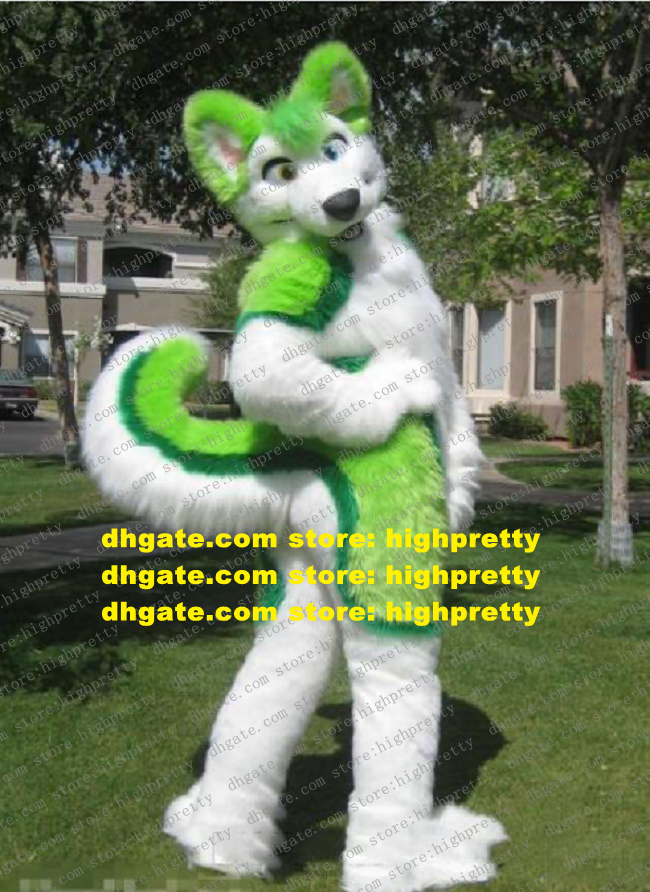Green Long Fur Furry Wolf Mascot Costume Fox Husky Dog Fursuit Adult Cartoon Character People Wear Them Holiday Party zz7598, As in photos
