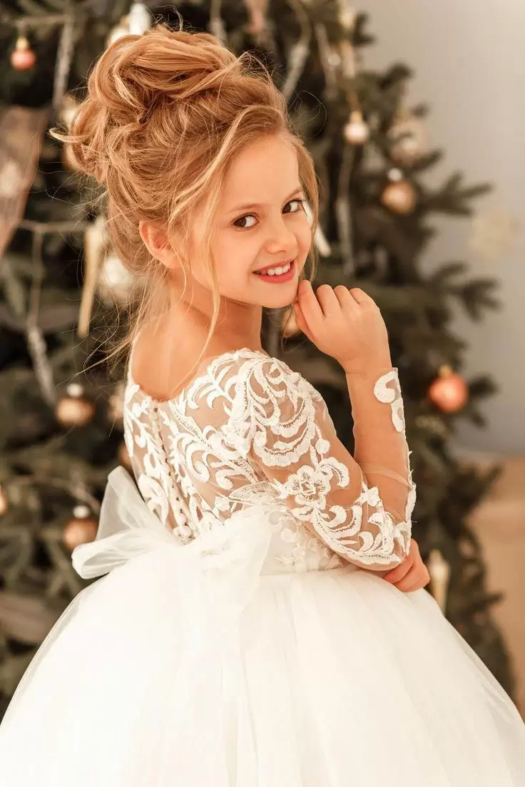 Cute Princess Lace Tulle Flower Girl Dresses For Country Garden Weddings Sheer Long Sleeves Appliques Big Bow Sash Back Girls Formal Birthday Party go