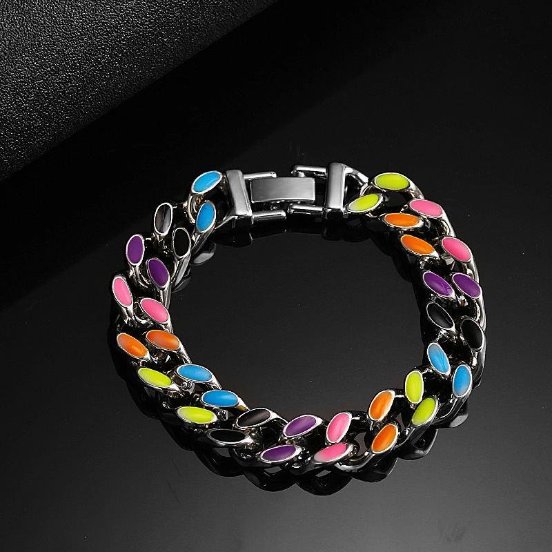 Hip Hop Real Gold Silver Plated Cuban Chain Necklaces Bracelet Jewelry Set for Men Drip Oil Colorful Collar Choker Bracelets Chains Top Quality Man Je