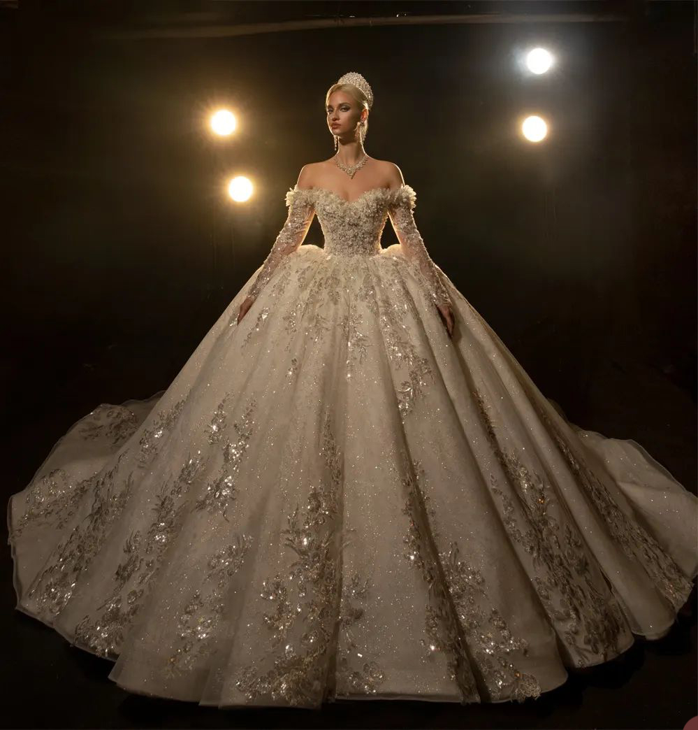 Exquisite Shiny Wedding Dress Ball Gown Custom Made Off The Shoulder Long Sleeve Sequins Long Train Church Bridal Dresses