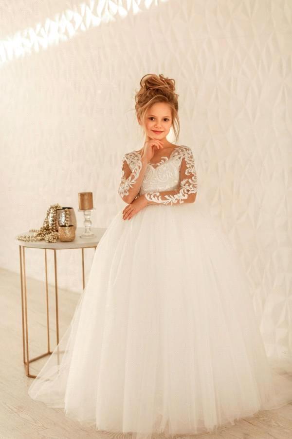 Cute Princess Lace Tulle Flower Girl Dresses For Country Garden Weddings Sheer Long Sleeves Appliques Big Bow Sash Back Girls Formal Birthday Party go