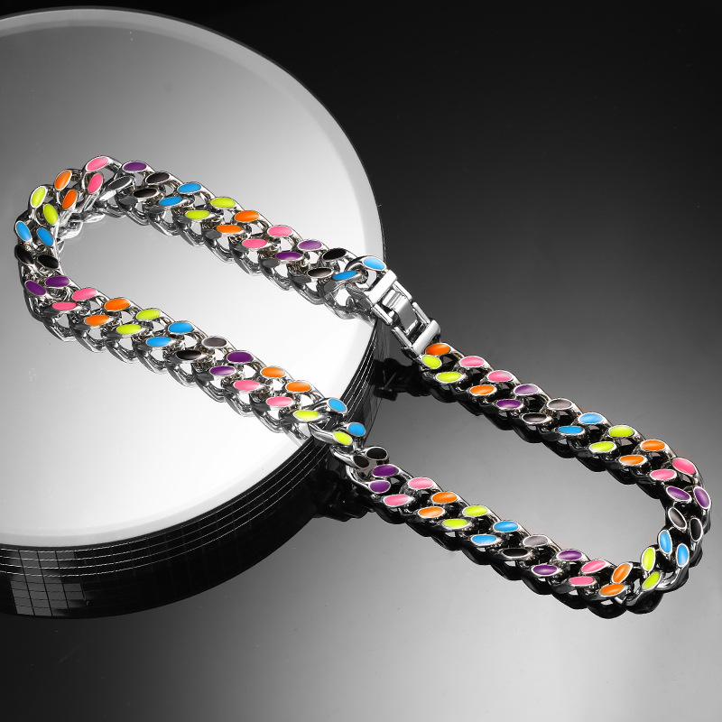 Hip Hop Real Gold Silver Plated Cuban Chain Necklaces Bracelet Jewelry Set for Men Drip Oil Colorful Collar Choker Bracelets Chains Top Quality Man Je