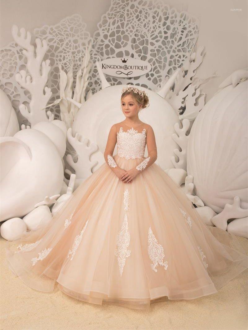 Girl Dresses Ivory Cappuccino Tulle Full Long Illusion Sleeves Flower Ball Gown Appliques First Communication Dress, Gold
Girl Dresses Ivory Cappuccino Tulle Full Long Illusion Sleeves Flower Ball Gown Appliques First Communication Dress, Gold