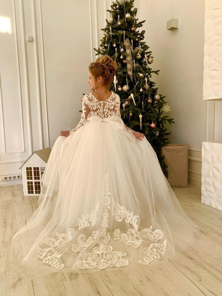 Cute Princess Lace Tulle Flower Girl Dresses For Country Garden Weddings Sheer Long Sleeves Appliques Big Bow Sash Back Girls Formal Birthday Party go