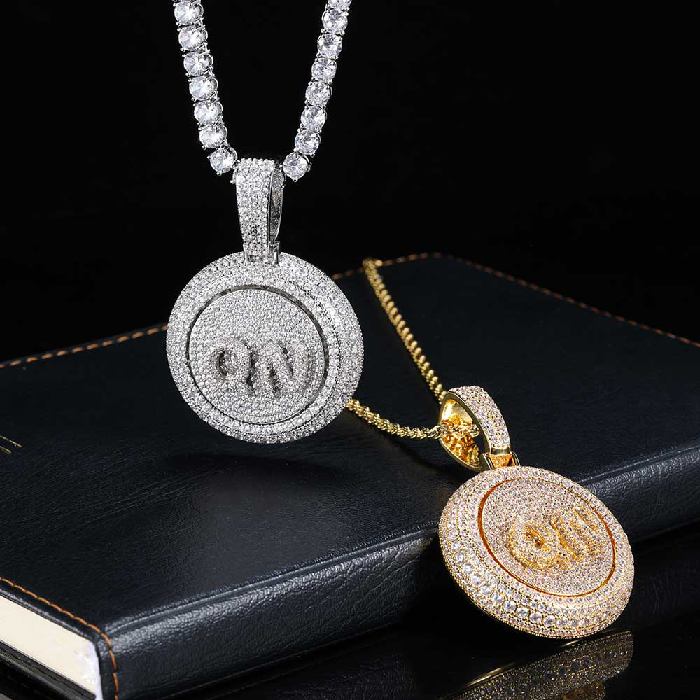 TopBling Hip Hop A-Z Custom Letters Pendant Necklace Rotatable Simulated Diamond Real Gold Plated Jewelry