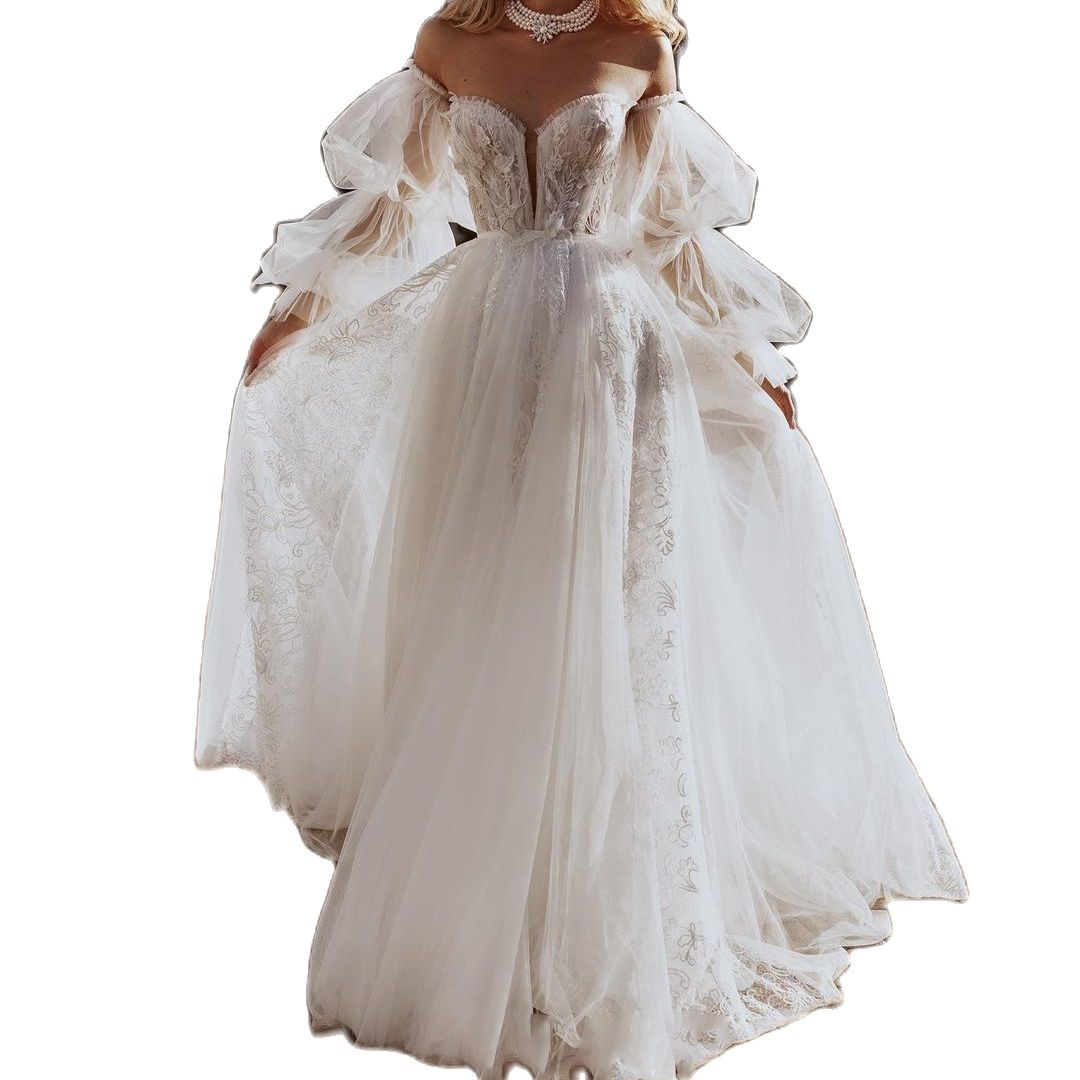 Sweetheart A Line Wedding Dresses Removable Long Sleeves Bridal Gown Tulle Floor Length Lace Robe De Soiree