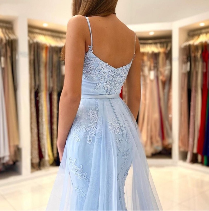 Light Blue Mermaid Prom Dresses Long Sweetheart Appliques Lace Evening Dresses 2023 Detachable Tulle Train Formal Party Gowns Vestidos Gala Robes De S
