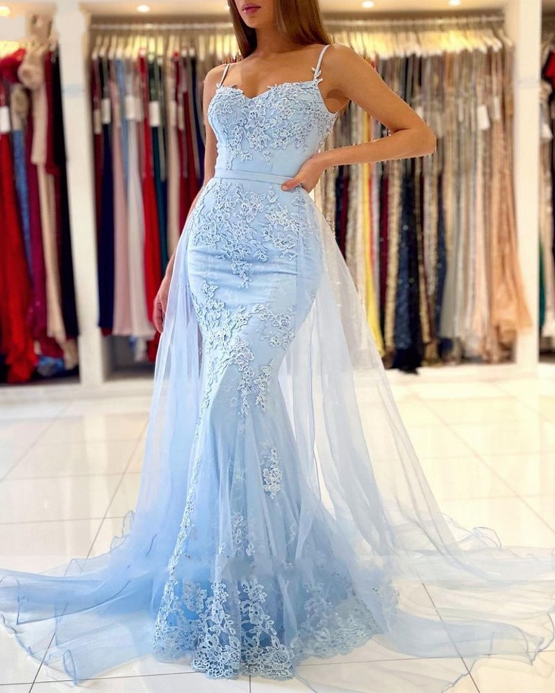 Light Blue Mermaid Prom Dresses Long Sweetheart Appliques Lace Evening Dresses 2023 Detachable Tulle Train Formal Party Gowns Vestidos Gala Robes De S