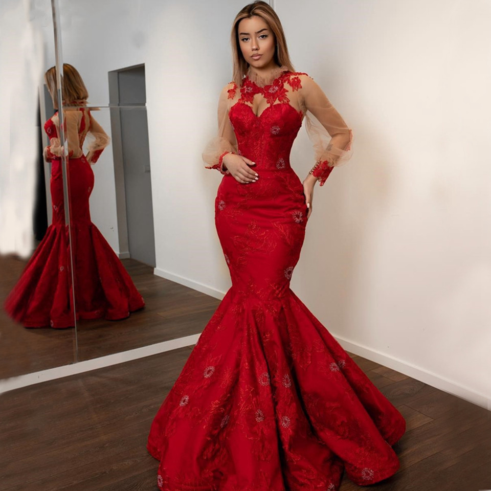 Red Long Sleeves Mermaid Evening Dresses 2023 High Neck Sexy Women Formal Party Gown Lace Appliqued Beaded Robe De Soiree Elegant Satin Vestidos Prom 