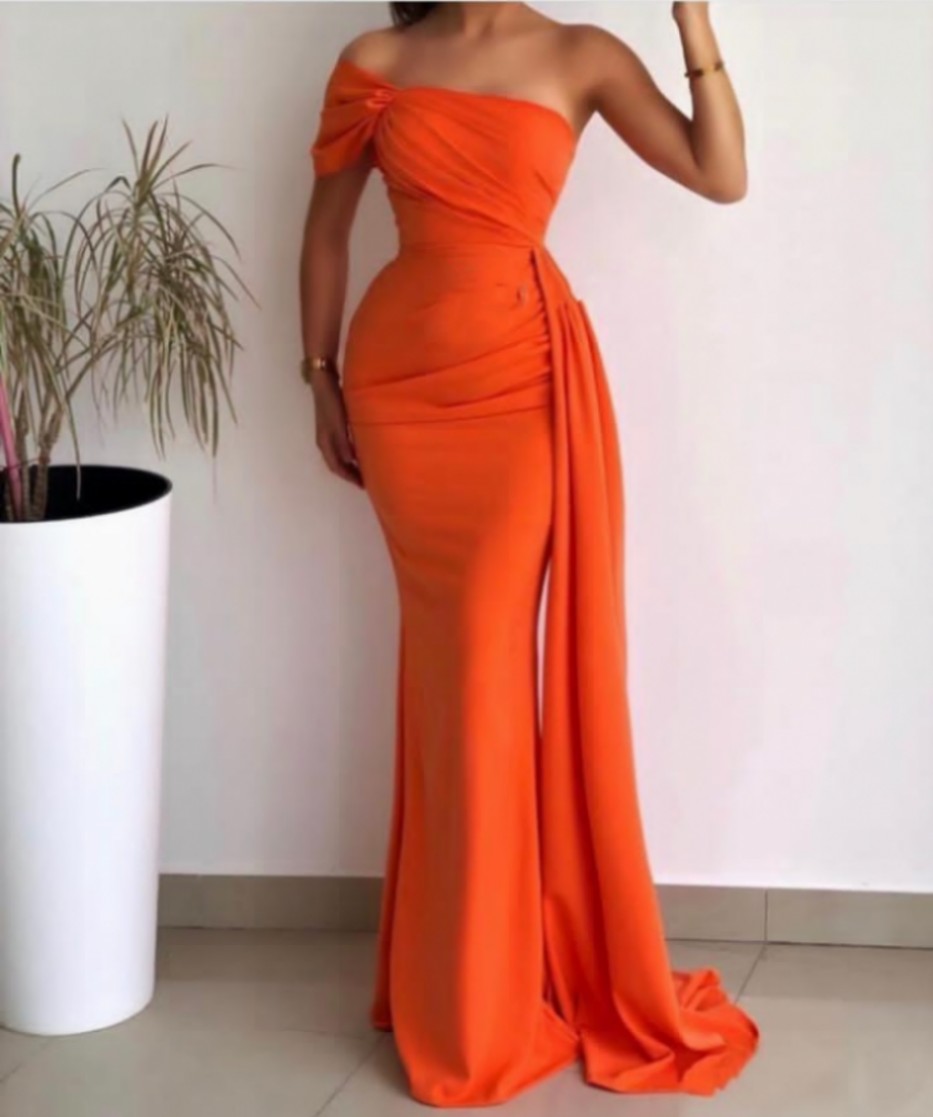 Orange Mermaid Arabic Dubai Prom Dress One Shoulder Long Pleats Chiffon Evening Formal Gowns For Women Vestidos De Gala