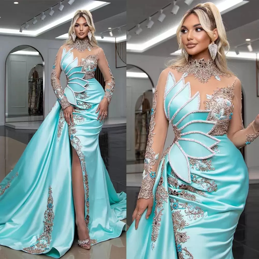 Glamorous Lake Blue Evening Dresses High Illusion Long Sleeves Prom Dresses Rhinestones Side Split Long Celebrity Women Formal Party Pageant Gowns Plu