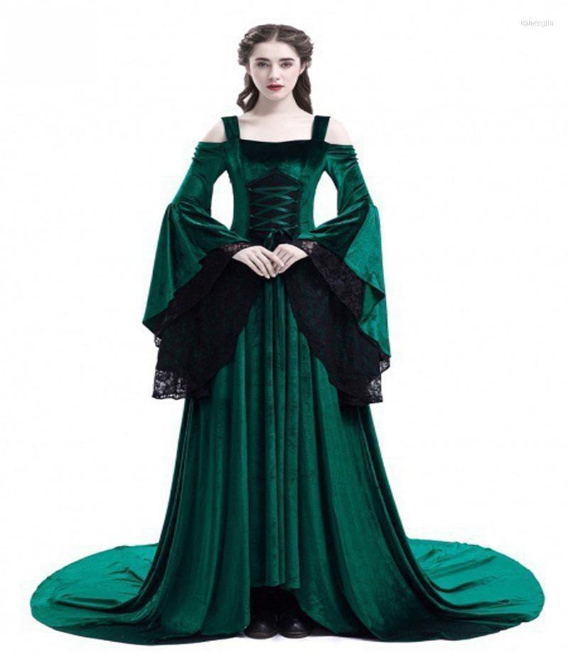 Casual Dresses Women Medieval Renaissance Bell Sleeve Queen Gown Cosplay Costume Maxi Dress -2XL Lace Off-the-shoulder, Black
