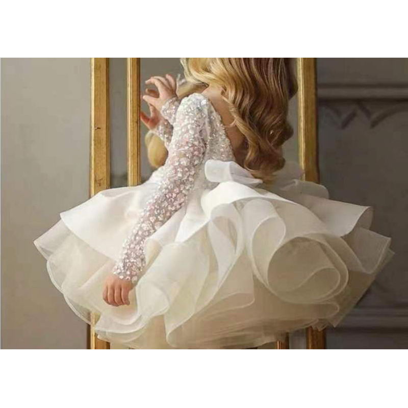Arabic Wer Girl Dresses White Beaded Veet Ball Gown Golden Applique Organza Kids Formal Wear With Ribbon Back Christmas Tutu Dress 403 6660311