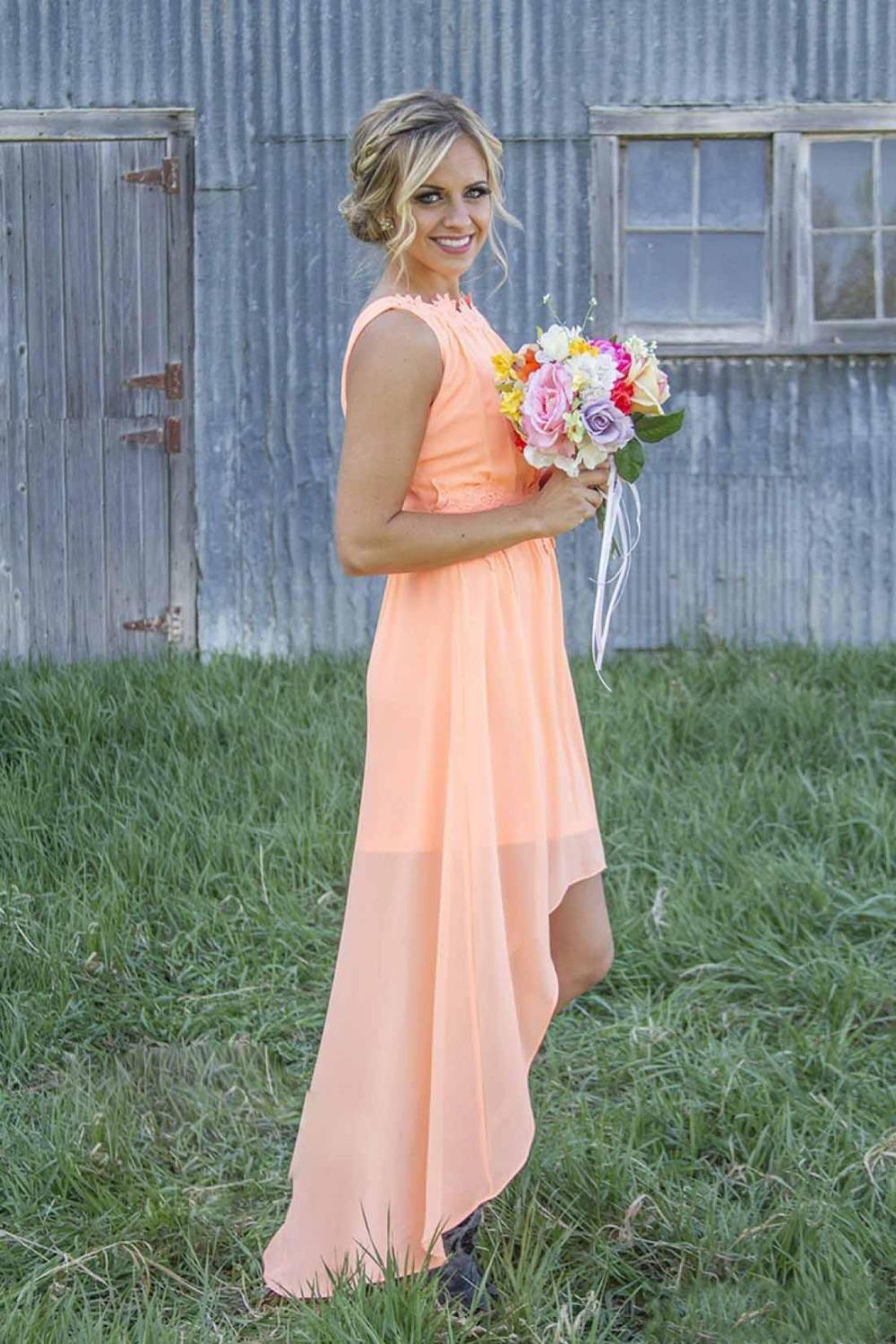 Country Bridesmaid Dresses Bateau Backless High Low Chiffon Coral Mint Green Beach Maid Of Honor Dress For Wedding Party Prom