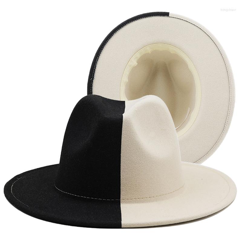 

Berets Colorful Wide Brim Fedoras Hat For Men Two-Color Style Top Panama Felt Women's Artificial Wool British Jazz Cap, Black white(2)