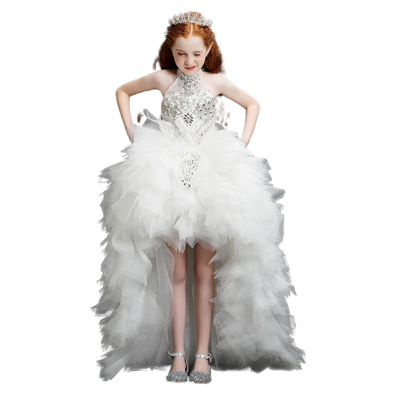 2023 Wer Dresses White Beautiful Lace High Low Tulle Crystal Appliques First Communion Dress Girls Pageant Gown Custom Made Tutu Birthday Clothes 0228