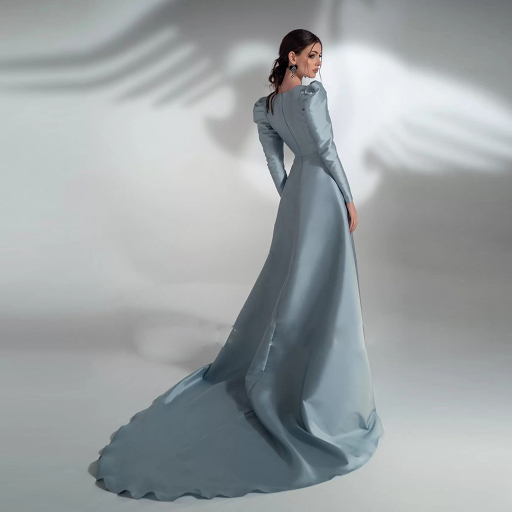 Satin Empire Evening Dresses High Side Split Celebrity Gown V Neck Long Sleeve Dubai Formal Prom Gowns 0516