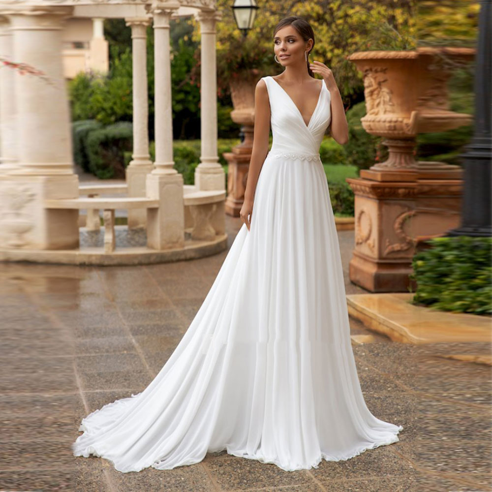 Modest Chiffon Wedding Dress For Bride V Neck Sleeveless A e Pleats Beach Boho Bridal Gowns Plus Size Custom Made Vestidos De Noiva ZD10