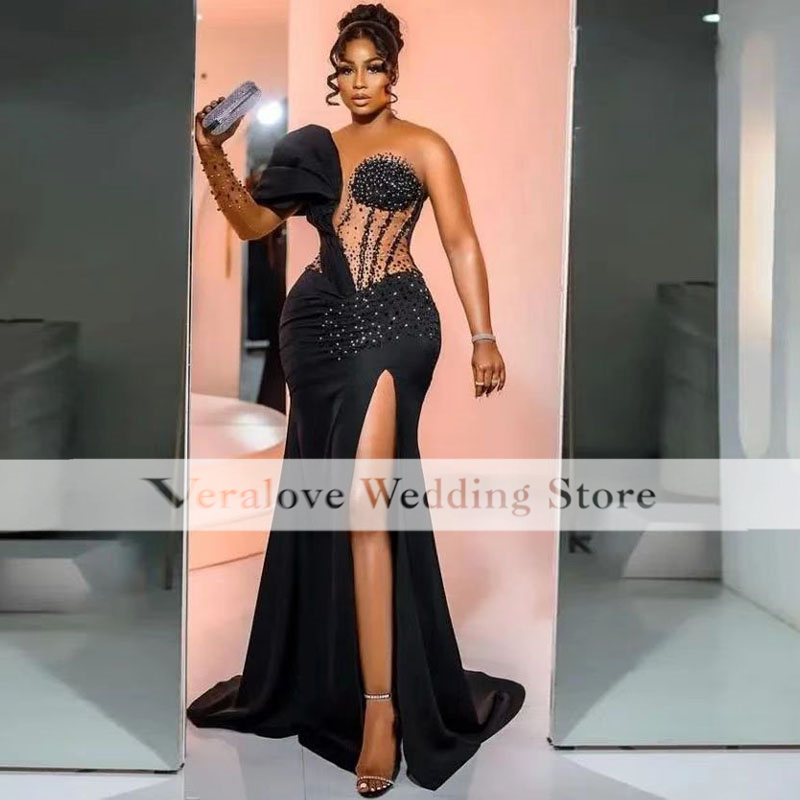African Black Evening Dresses Long Sleeves Beading Occasion Guest Gowns For Women Gala Party Prom Dress