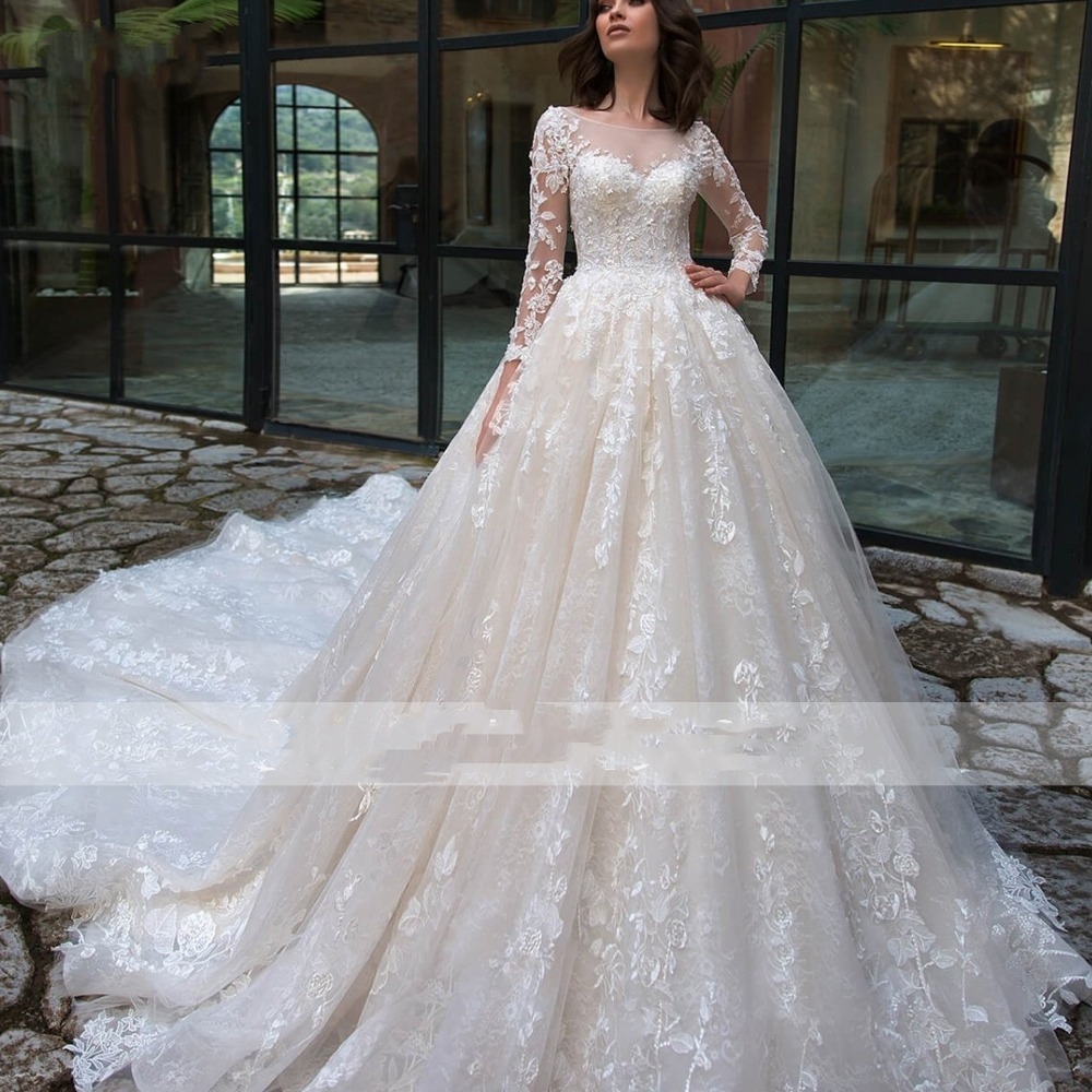 Country Ball Wedding Dresses Dubai Lace High Necke Half Long Sleeves Pearls Tulle Princess Boho Bridal Gown Plus Size 403 6660311