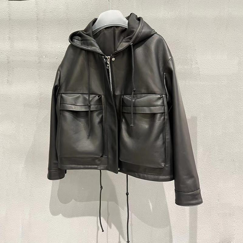 Women' Leather High Street Women Autumn Jackets With Hooded Genuine Sheepskin Coats Loose Style Fashion Bomber Clothing, Black
Women' Leather High Street Women Autumn Jackets With Hooded Genuine Sheepskin Coats Loose Style Fashion Bomber Clothing, Black