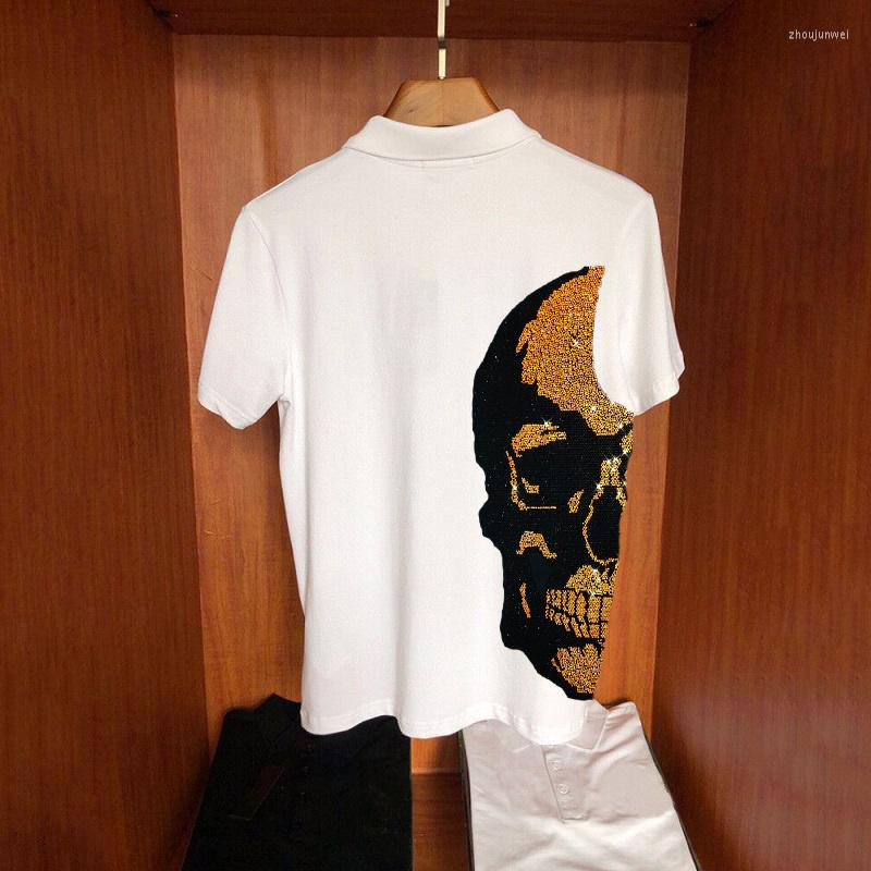 

Men's Polos Men's Polo Shirt Hip Hop Solid Color Loose Custom Drilling 3D Skull Shiny Short Sleeve Summer Style, As shown asian size