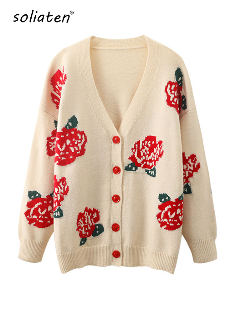 Autumn Winter V-Neck Knitted Cardigans Women Single Breasted Rose Floral Pattern Loose Sweaters Female Causual Knitwear C-077