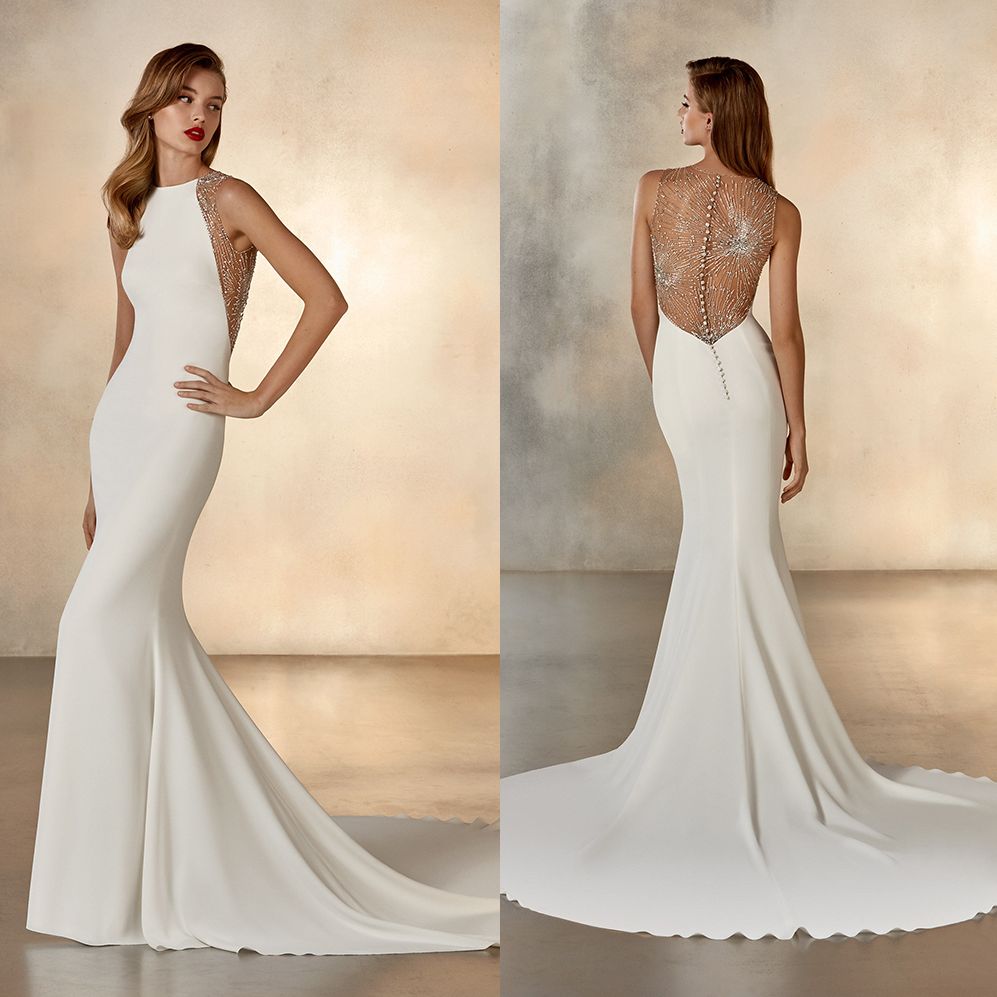 Simple White Mermaid Wedding Dresses Jewel Neck Sleeveless Bridal Gown Button Sequins Beads Dress Arabic Aso Ebi