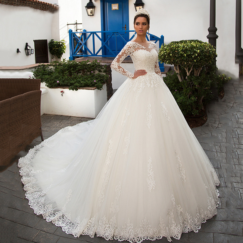 ball gown Wedding Dresses long sleeves Lace Appliqued Naviblue 2023 Blush Bridal Dress Wedding Gowns Lace-Up Back Arabic
