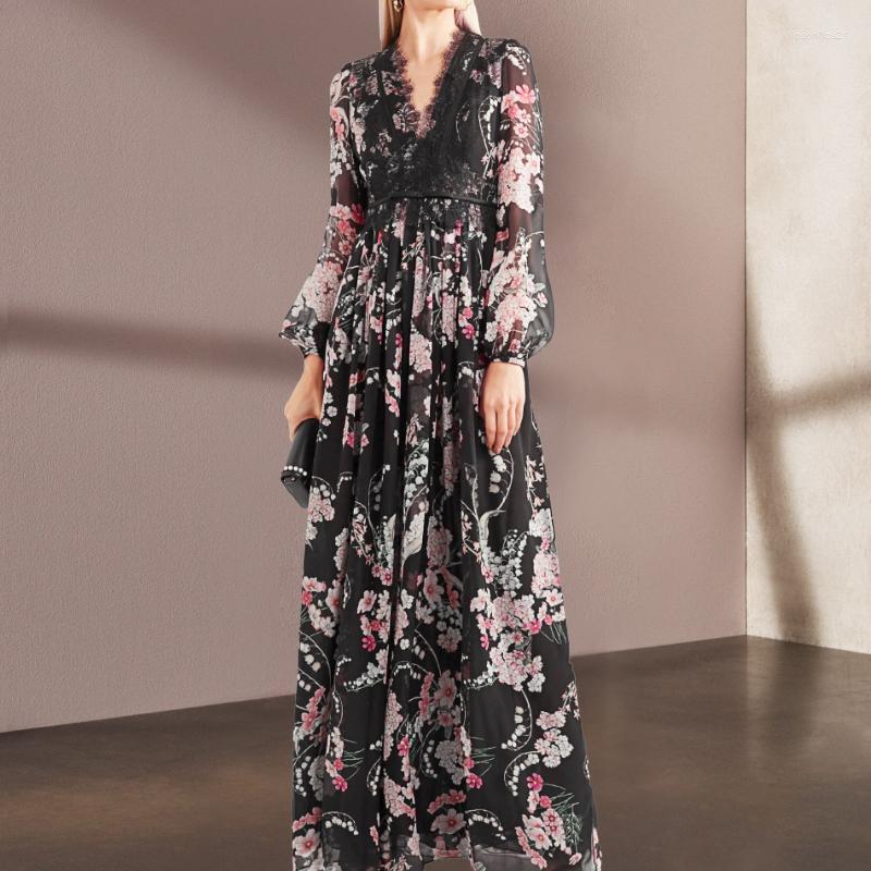 Casual Dresses Vintage V-neck Lace Patchwork Long For Women 2022 Autumn Elegant Black Floral Printed Pleated Maxi Dress Chiffon Vestido
Casual Dresses Vintage V-neck Lace Patchwork Long For Women 2022 Autumn Elegant Black Floral Printed Pleated Maxi Dress Chiffon Vestido